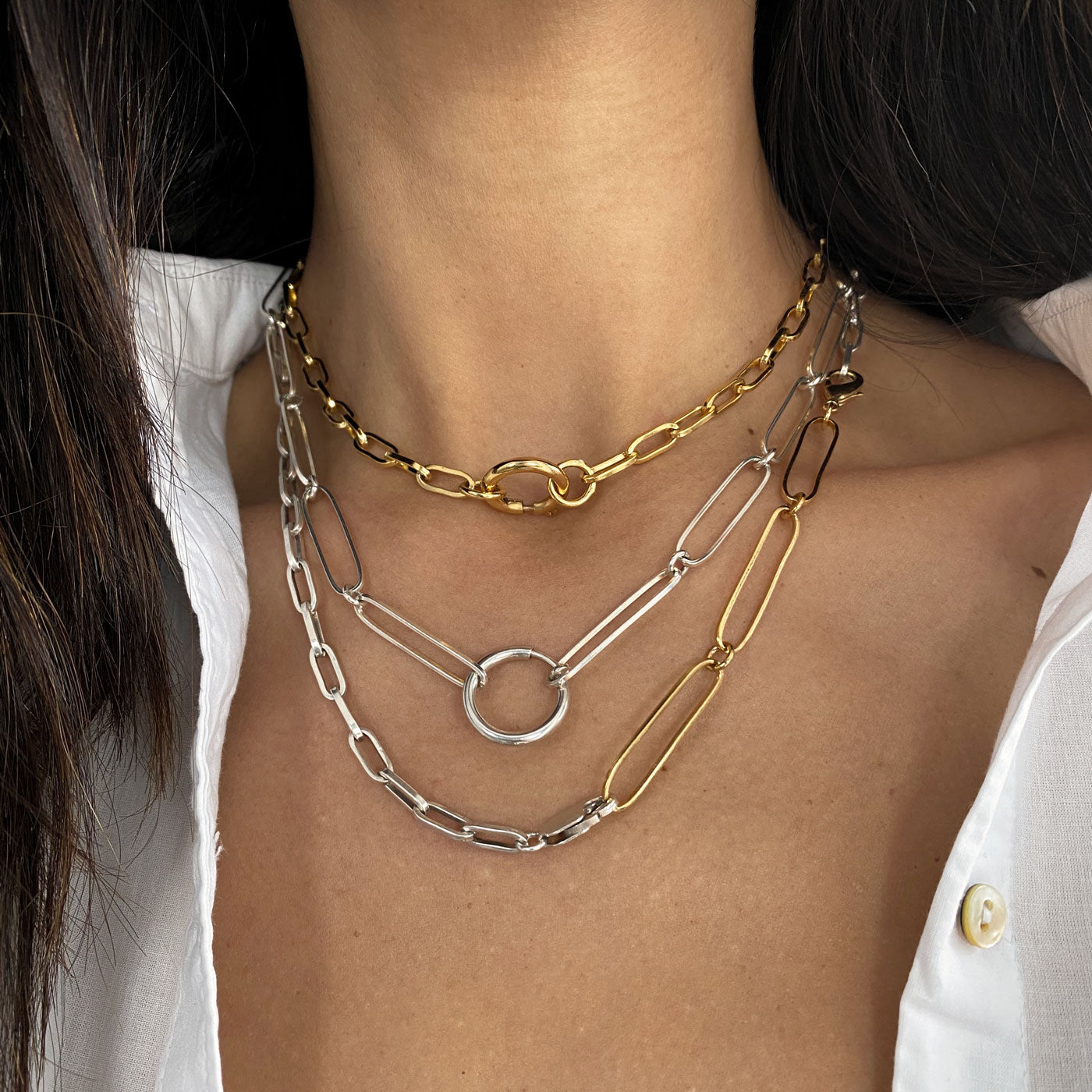 Mystic chain elongated silver 925 links colombian jewelry ana buendia, necklace layering, gold and silver