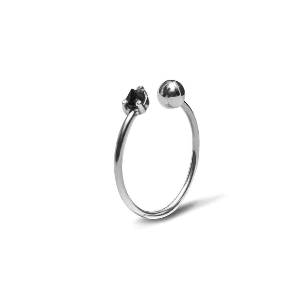 Open ring silver spheres black gemstones ana buendia jewelry