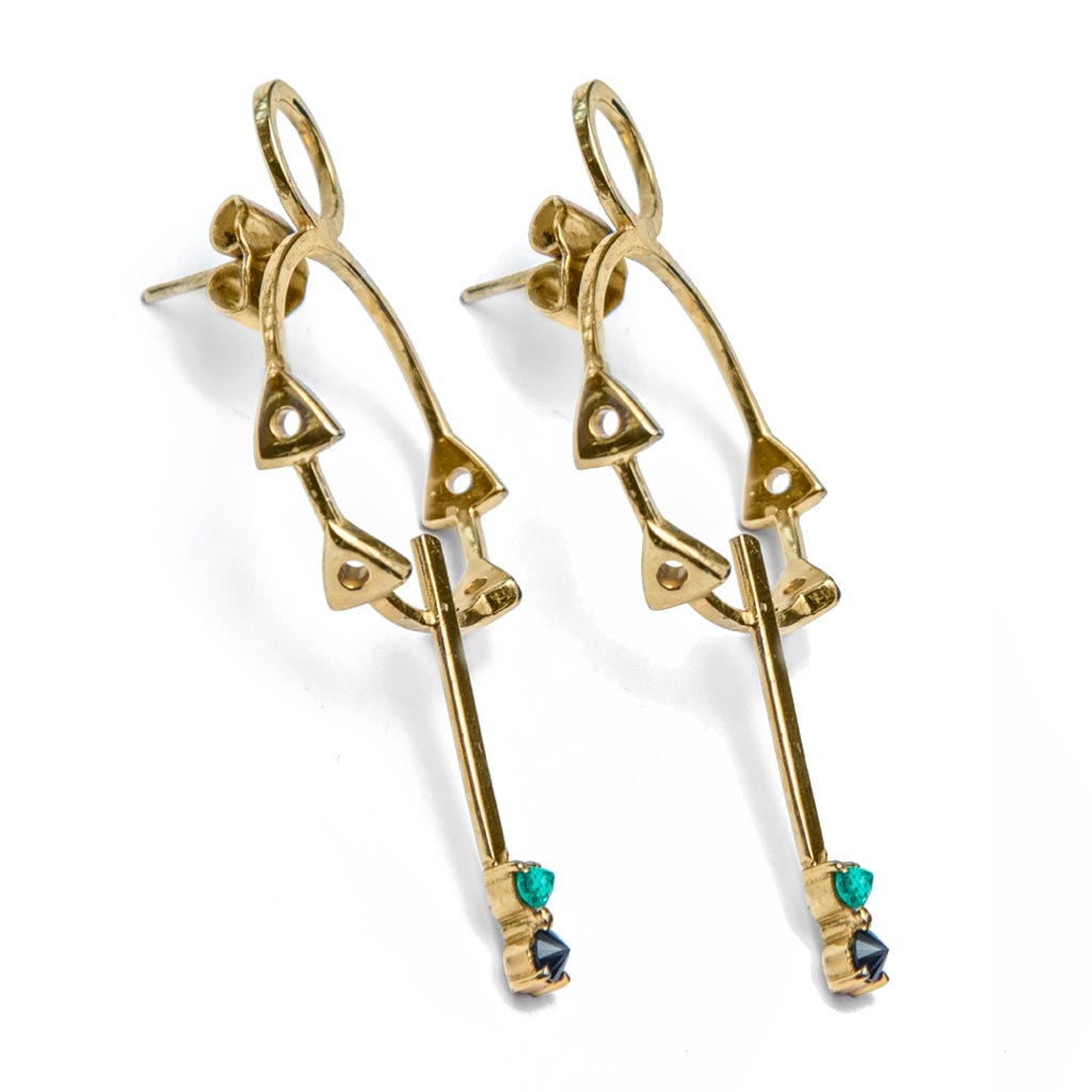 Gold Vermeil geometrical silver earrings with colombian emeralds